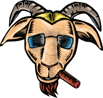 Retro woodcut style illustration of head of a hip hipster goat wearing sunglasses and smoking cigar viewed from front on isolated background.