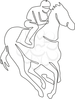 Continuous line drawing illustration of a jockey riding on horse racing done in sketch or doodle style. 