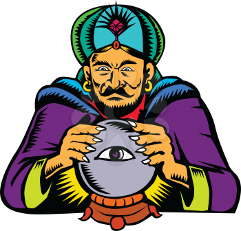 Retro woodcut style illustration of fortune teller, medium, psychic, mystic,seer, soothsayer or clairvoyant scrying on a crystal ball with eye on isolated backgroubd.