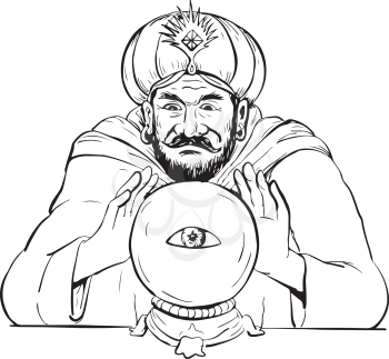 Drawing sketch style illustration of a fortune teller, medium, psychic, mystic,seer, soothsayer, clairvoyant scrying on a crystal ball with eye on white background.