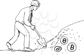 Drawing sketch style illustration of bitcoin miner mining digging with spade for Crytocurrency viewed from side on isolated background.