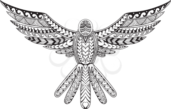 Tribal tattoo style illustration of a dove flying hovering with wings spread viewed from front on isolated background.