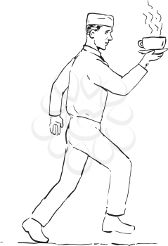 Drawing sketch style illustration of a retro styled waiter running and serving a hot cup of coffee viewed from side on isolated background.