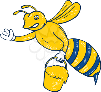 Drawing sketch style illustration of a bumblebee or honey bee waving carrying a pail of dripping honey on isolated white background.