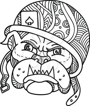 Mono line illustration of head of an American soldier bulldog wearing a helmet with playing ace of spade card done in monoline style.