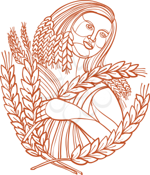Mono line illustration of female farmer or Demeter, the goddess of the harvest and presides over grains and the fertility of the earth, holding stalk of cereal wheat done in monoline style.