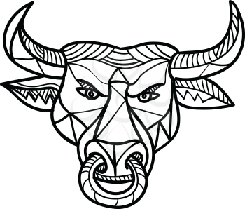 Mosaic low polygon style illustration of a Texas longhorn bull with nose ring viewed from front on isolated white background in color.