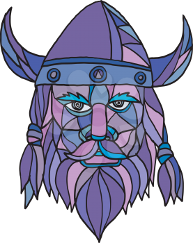 Mosaic low polygon style illustration of head of a viking, norseman or barbarian viewed from front on isolated white background in color.