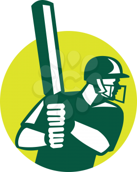Icon retro style illustration of a cricket batsman batting viewed from side set inside circle on isolated background.