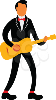 Retro style illustration of a guitarist in tuxedo suit playing the guitar on isolated background.