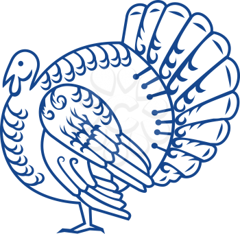 Paper cut style illustration of a wild turkey, a large bird in the genus Meleagris, native to the Americas, viewed from side done in retro, decorative papercut design.
