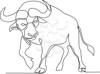 Continuous line illustration of an African buffalo or Cape buffalo, a large African bovine, about to charge or attack done in black and white monoline style.