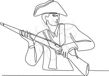 Continuous line illustration of an American minuteman, patriot or revolutionary soldier with musket rifle, a muzzle-loaded long gun done in black and white monoline style.