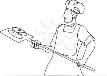 Continuous line illustration of a baker holding an oven peel viewed from side done in black and white monoline style.