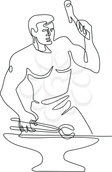 Continuous line illustration of a blacksmith with hammer and tongs pounding the anvil viewed from front done in black and white monoline style.