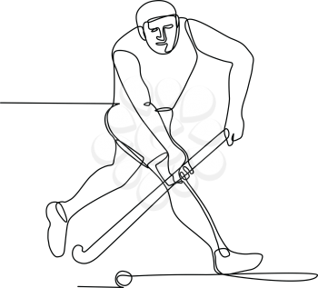 Continuous line illustration of a field hockey player with hockey stick running about to hit ball done in black and white monoline style.