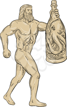 Drawing sketch style illustration of Hercules, a Roman hero and god holding a bottled up angry octopus on isolated white background.