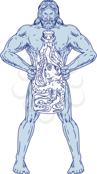 Drawing sketch style illustration of Hercules, a Roman hero and god equivalent to Greek divine hero Heracles, holding a bottle with an octopus inside on isolated white background.