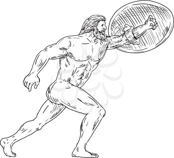Drawing sketch style illustration of Heracles, a Greek divine hero equivalent to Roman hero and god, Hercules with shield and urginf forward done in black and white. 