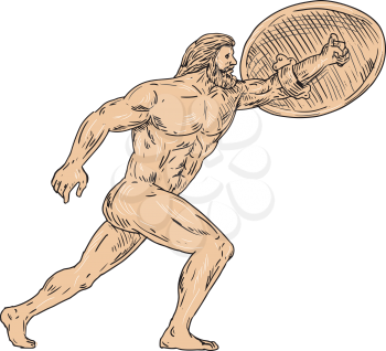 Drawing sketch style illustration of Hercules, a Roman hero and god equivalent to Greek divine hero Heracles, with shield and urginf forward on isolated white background.