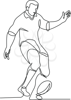 Continuous line illustration of a rugby player kicking the ball for a field goal or kick-off  done in black and white monoline style.