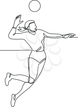Continuous line illustration of female volleyball player jumping and spiking the ball viewed from side done in black and white monoline style.