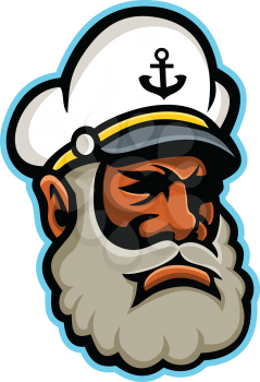 Mascot icon illustration of head of a black skipper or sea captain, ship's captain, captain, master or shipmaster, a mariner in command of merchant vessel viewed from side on isolated background in retro style.
