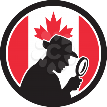 Icon retro style illustration of a silhouette of Canadian private investigator with magnifying glass with Canada maple leaf flag set inside circle on isolated background.