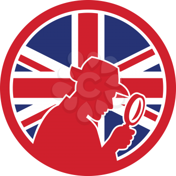 Icon retro style illustration of a British private investigator silhouette with magnifying glass  with United Kingdom UK, Great Britain Union Jack flag set inside circle on isolated background.
