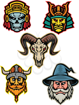 Mascot icon illustration set of heads of an Aztec warrior skull, Samurai warrior,bighorn sheep skull, Viking warrior or Norse raider and wizard  viewed from front isolated background in retro style.