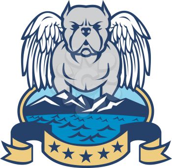 Retro style illustration of an american bully dog with angel wings standing on island with sea and mountains set inside oval with 5 star banner on isolated background.
