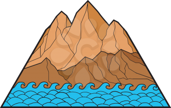 Mono line illustration of ragged mountain with sea waves crashing on shore on isolated background.