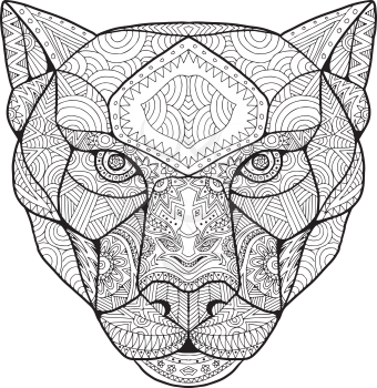 Zentagle inspired and tangled mandala illustration of head of a black panther viewed from front on isolated background.