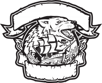 Retro style illustration of an angry wolf head with galleon pirate ship below it framed from ribbon and banner on isolated background in black and white.