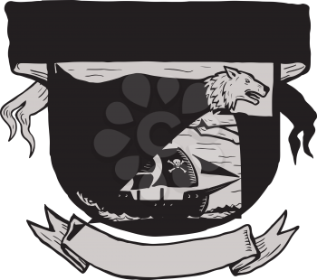 Scratchboard style illustration of a wolf running or flying over a pirate sailing ship set inside crest or shield with banner done on scraperboard on isolated background.