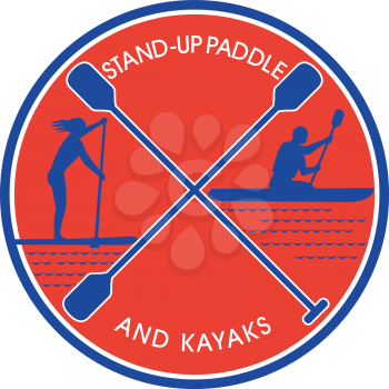 Retro style illustration of female on stand-up paddle or sup and male on kayak paddling with crossed paddle in center set inside circle on isolated background.