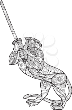 Mandala style illustration of a tiger brandishing katana sword in fighting stance on isolated backgound done in black and white.