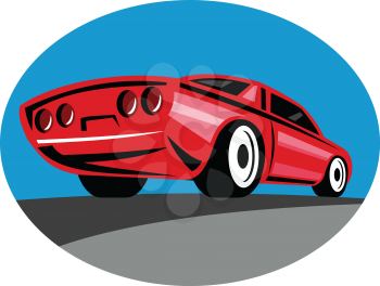 Retro style illustration of an American muscle car speeding on highway viewed from rear in low angle on isolated background.