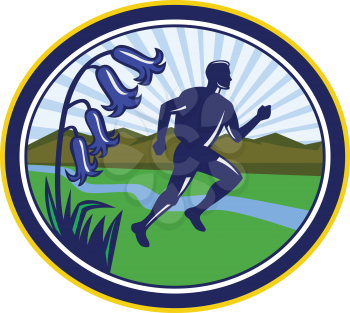 Retro style illustration of a cross country marathon runner running with bluebells, river and mountains set inside oval on isolated background.
