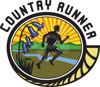 Retro style illustration of a cross country marathon runner running with bluebells, river and mountains with text Country Runner set inside oval on isolated background.
