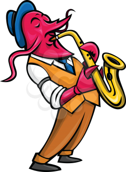 Mascot icon illustration of a crayfish,crawfish, crawdads, freshwater lobsters, mountain lobsters, mudbugs or yabbies playing the saxophone side view isolated background in retro style.