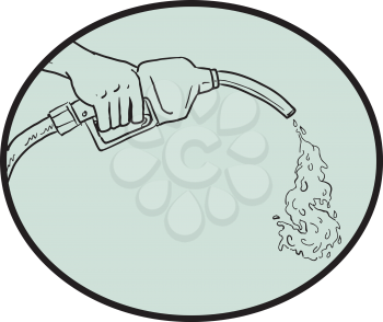 Drawing sketch style illustration of a hand holding a gas nozzle pouring petroleum oil with dollar on isolated white background.