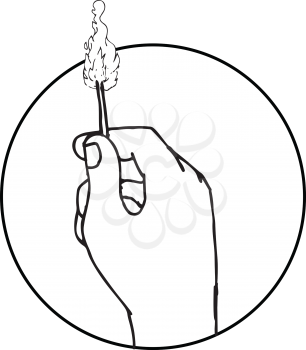 Drawing sketch style illustration of a hand holding a burning matchstick set inside circle on isolated white background.