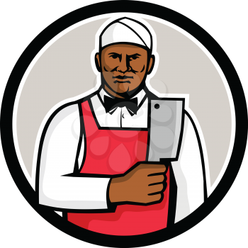Mascot style illustration of a black African American butcher holding meat cleaver viewed from front set inside circle on isolated white background.