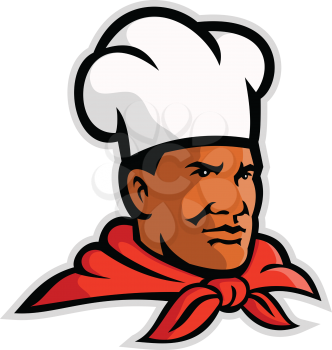 Mascot illustration of head of an African American chef, cook or baker looking to side on isolated white background done in retro style.
