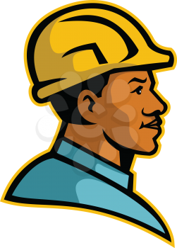 Mascot illustration of a bust of a black African American builder or construction worker viewed from side on isolated white background done in retro style.