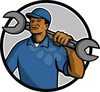 Mascot illustration of a black African American mechanic holding a spanner wrench on shoulder set inside circle on isolated white background done in retro style.