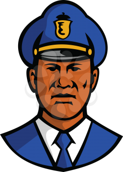 Mascot illustration of bust of a black African American policeman or police officer wearing hat viewed from front on isolated white background done in retro style.