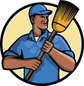 Mascot illustration of a black African American street sweeper or street cleaner holding a broom set inside circle on isolated white background done in retro style.
