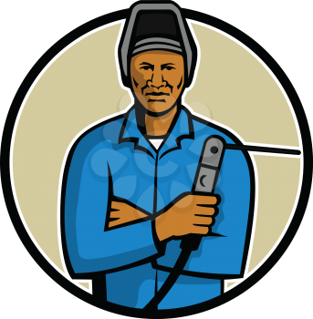 Mascot illustration of a black African American welder holding welding torch viewed from front set inside circle on isolated white background done in retro style.